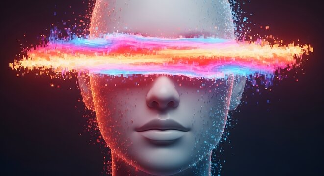 Human face with digital data glitch over eyes. Virtual reality and privacy protection concept. Mannequin head wearing a glowing neon light bar made of colorful pixels and light streaks