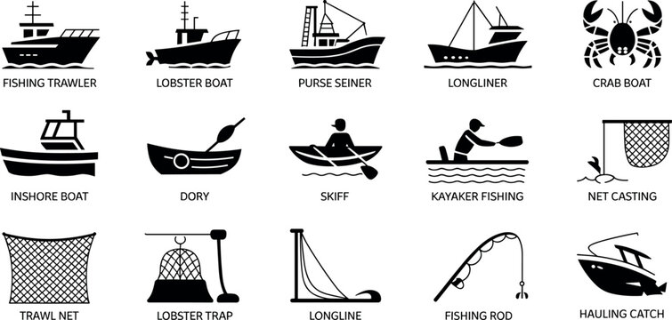 Large collection of commercial fishing boat icons featuring trawler lobster boat purse seiner longliner crab boat and fishing gear symbols
