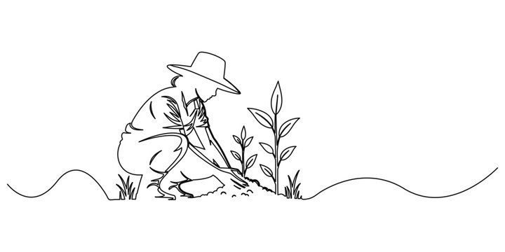Young female farmer planting shoots continuous one line drawing agriculture farming growth concept minimalist vector illustration