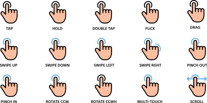 Set of mobile touch screen gesture icons featuring hand finger tap hold swipe drag pinch and rotate actions for interface design