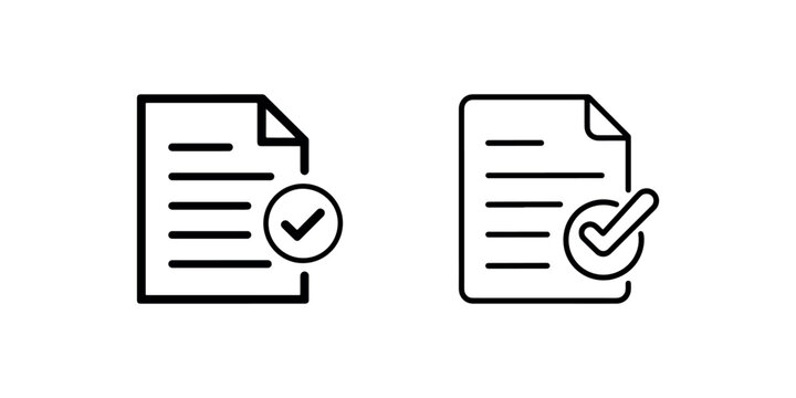 Document with checkmark icon set linear style illustration showing verified files approved forms completed task paper records symbols business documents.