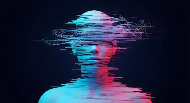 Glitch effect on a human head with distorted digital lines. Cyber security and data privacy concept. Futuristic face silhouette with blue and red pixel distortion on black background