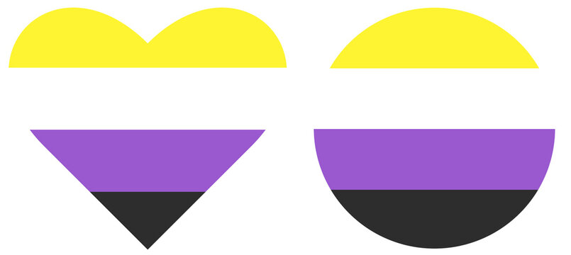 Non binary pride flag in heart shape isolated illustration.Round flag of non binary pride isolated in circle shape. Represents a different part of the non-binary group. LGBTQ+ pride community flag.