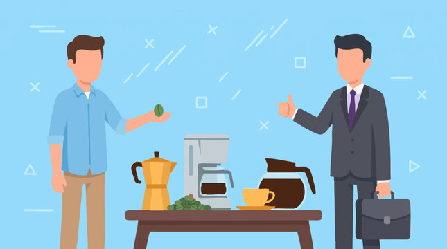 Coffee production and business illustration with men, beans, and makers