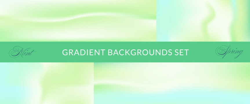 Gradient summer set with nature aqua mood for wellness banner. Green mint gradation in vibrant fluid mojito and fresh pond water. Vector horizontal gradient collection summer scene in sage lime tone.