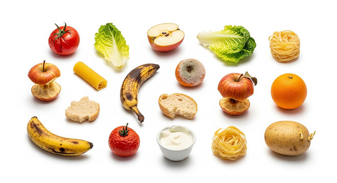 Assortment of fresh and spoiled food including tomatoes apples lettuce pasta banana bread and potato arranged on a white background