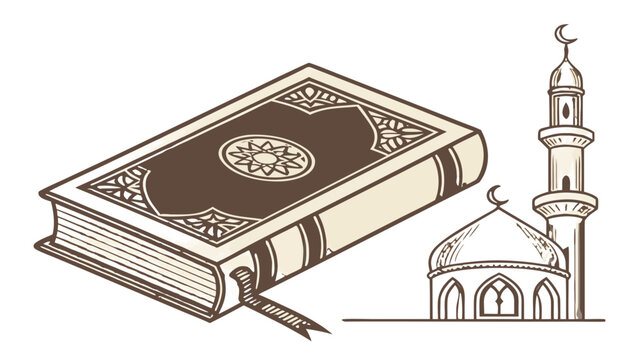 Holy Al-Quran Book with Mosque Silhouette, Islamic Religion Spiritual Concept
