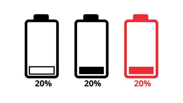 Cell phone battery icons in different models, cell phone battery charged 0%, for websites and graphic resources..