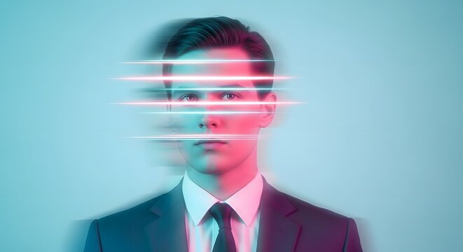 Professional businessman with digital light streaks over eyes. Privacy and cybersecurity identification. Man in a suit undergoing a futuristic biometric facial scan