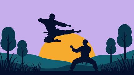 Dynamic martial arts training with flying kick at sunset silhouette © Zigmate