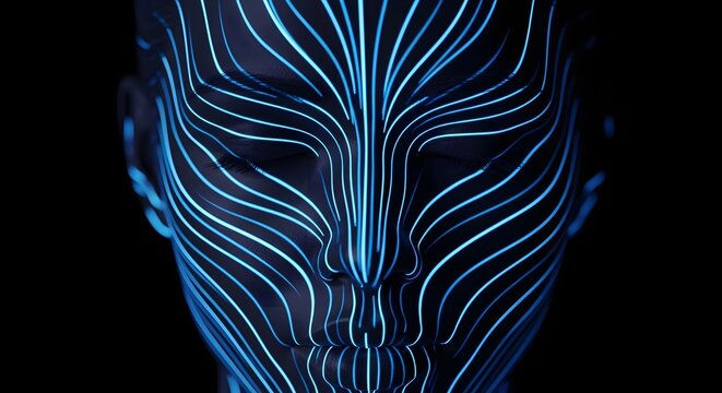 Dark face covered in glowing blue fiber optic lines. Neural network and artificial intelligence connectivity. Humanoid head with luminous circuit patterns on skin
