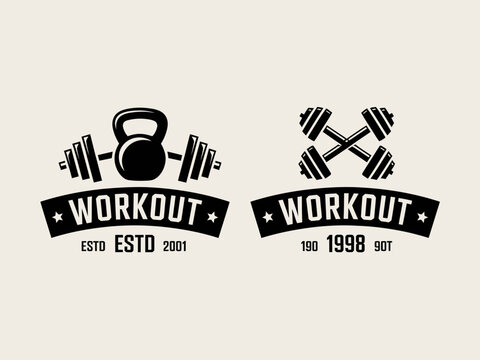 Black workout fitness logo designs with dumbbells and kettlebell graphics