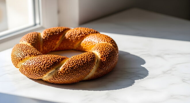 Traditional Turkish simit sesame bread ring on white marble surface with sunlight
