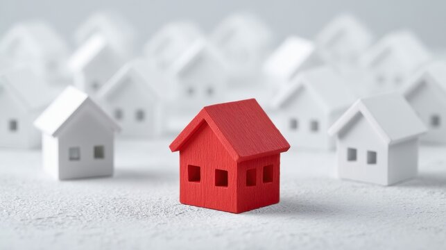 Red small wooden house standing out from white small wooden houses representing unique property choice or individual home concept in real estate market