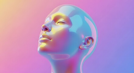 Obraz premium Iridescent pearlescent human head in a soft pink space. Skincare and beauty aesthetic. Ethereal figure with a calm expression for luxury cosmetic branding