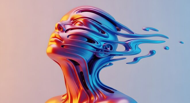 Abstract liquid metallic human face profile. Digital transformation and fluid identity. Surreal 3D sculpture of a person dissolving into glossy blue and orange chrome ripples
