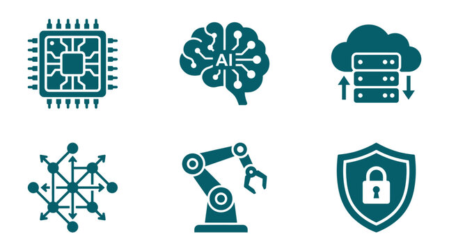 Illustrative icons representing technology concepts such as AI, data storage, and cybersecurity