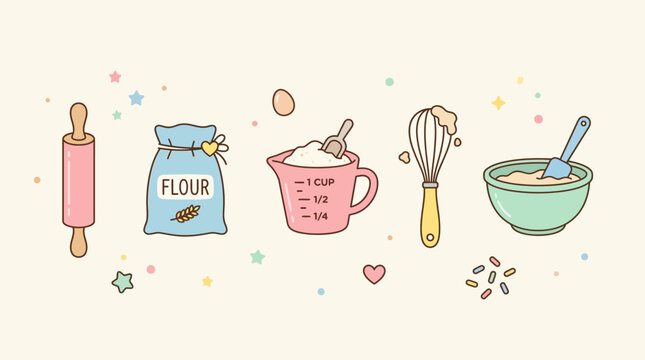 Colorful kitchen illustration featuring baking tools, ingredients, and playful decorations