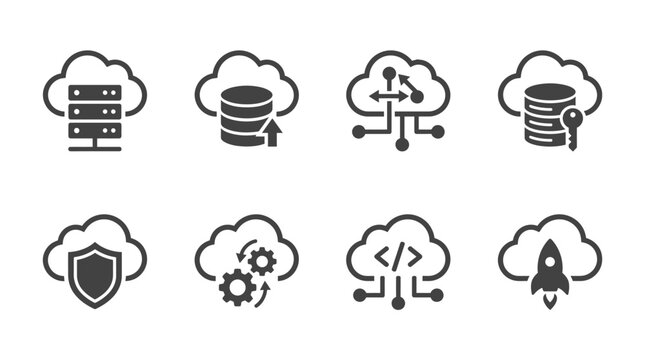 Collection of cloud computing icons representing data storage, security, and management