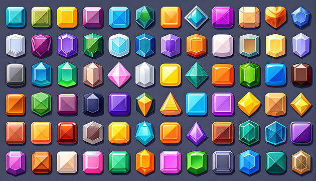 Collection of colorful pixel art gemstones, various shapes and cuts, arranged in a grid for game assets or digital design, vibrant jewel icons