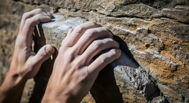 A powerful close-up shot of a climber's hands gripping a rough rock surface, perfectly capturing the essence of Human Resilience, determination, and the physical struggle to overcome obstacle