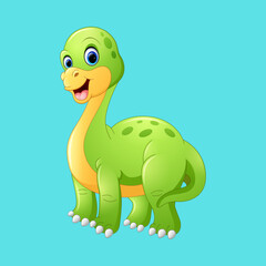 Cute Green Cartoon Brontosaurus Illustration - Friendly Long Neck Dinosaur Character Isolated on Plain Background © Rara
