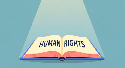 A conceptual illustration of an open book titled "HUMAN RIGHTS" under a bright spotlight, representing international law, civil liberties, and the importance of justice and equality.
