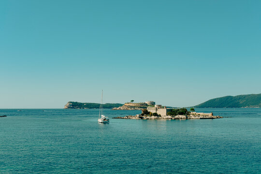 view Miriste with the historical monastery , hotels, beaches in Kotor bay entrance in Montenegro, amazing natural landscape and sea spot