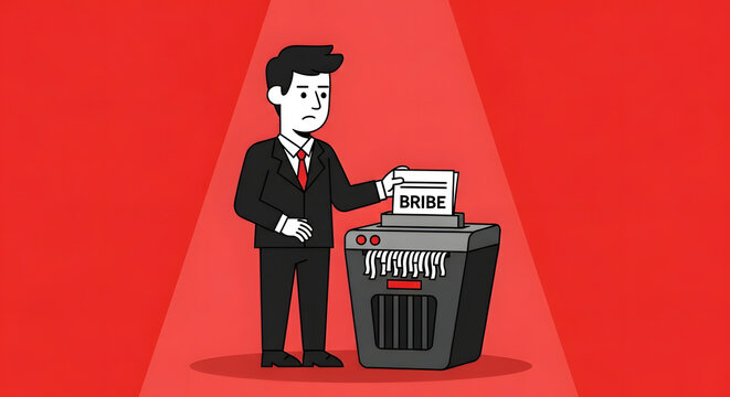 A professional illustration of a businessman in a suit shredding a document labeled "BRIBE," representing Corporate Crime, illegal activities, and the destruction of evidence in a red spotlight.