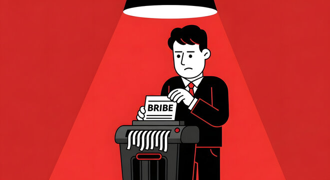 A professional illustration of a businessman shredding a document labeled "BRIBE," representing the concept of Corruption Evidence destruction, illegal activities, and lack of corporate ethics.