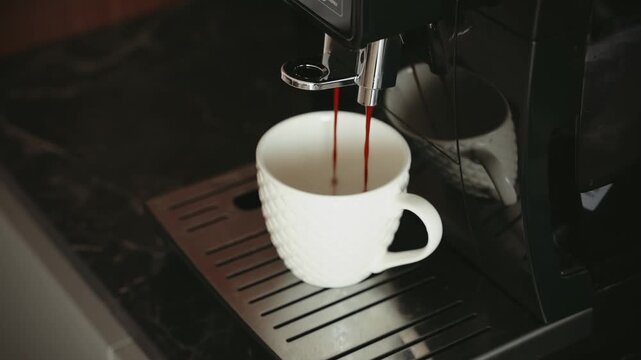 Espresso machine pouring fresh black coffee close-up white cup, porcelain mug slow motion. Barista making coffee crema in mashine aromatic hot dark drink morning serving of caffeine cafe bar concept.