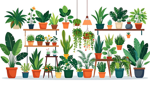Collection of diverse pixel art houseplants in terracotta and ceramic pots on shelves and tables, indoor gardening, vibrant green foliage