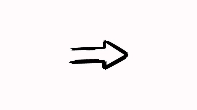 Animated hand drawn brush stock marker one line right arrow curving on a white background. Black ink arrow animation minimalist brush stroke pointing overlay with alpha channel
