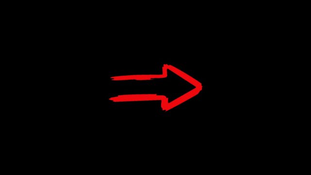 Animated hand drawn brush stock marker one line right arrow curving on a black background. Red ink arrow animation minimalist brush stroke pointing overlay with alpha channel