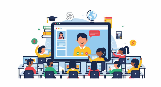 Modern online classroom with virtual meeting setup featuring teacher and students on digital screens. Virtual learning environment includes laptops, notebooks, and collaborative workspace.