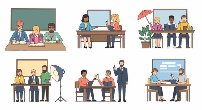 Educational classroom activities with diverse students and teachers using digital and traditional teaching tools. Classroom includes presentations, group discussions, and interactive learning.