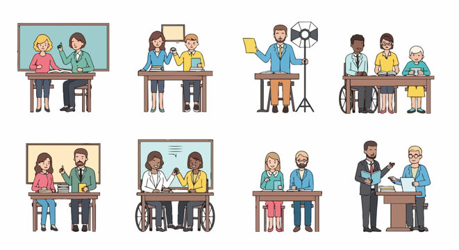 Inclusive classroom with diverse students engaging in learning activities, teacher assisting with wheelchair accessibility.