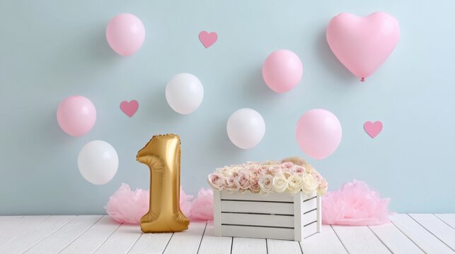 First birthday celebration setup with pink and white balloon, golden number one balloon, heart shaped decorations, and flower bouquet in wooden box on white floor