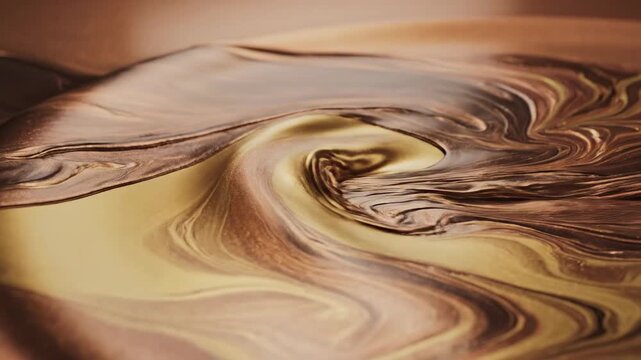 Luxurious swirling liquid chocolate and caramel confectionery creating a mesmerizing abstract pattern of rich, creamy, decadent swirls and waves, perfect for dessert branding and confection
