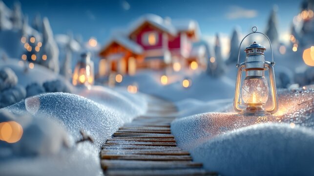 Winter evening scene with wooden pathway and lantern in snow landscape