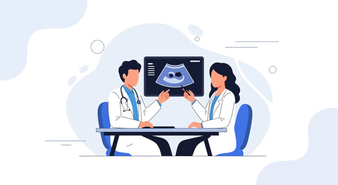 Doctors Discussing Ultrasound Scan of Baby, Medical Consultation