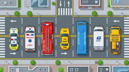 Top view of various emergency and public transport vehicles on a city street. © Eka