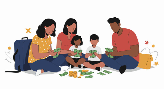 Family unpacking luggage with travel snacks and documents on floor. Happy family vacation preparation with suitcases, snacks, and paperwork. Concept family travel planning for vacation organization.
