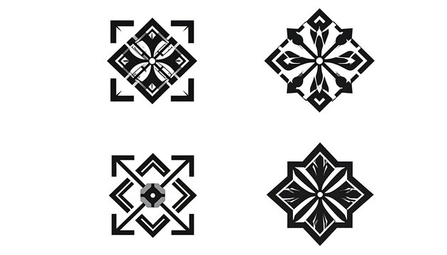 collection of four square symmetrical abstract black and white geometric ornaments, focal point icon, directional arrows emblem, decorative pattern element