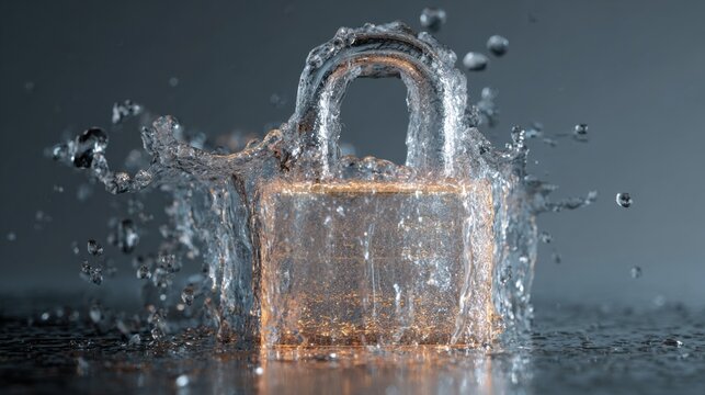 An artistic depiction of a lock made of water. The lock is surrounded by droplets, signifying security.