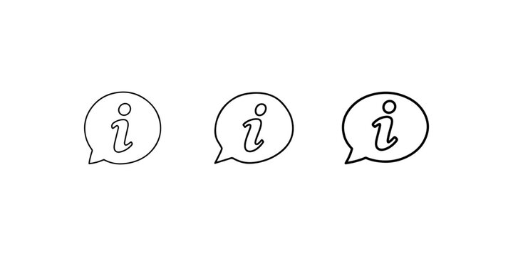 Information chat bubble line icon set featuring letter i within circular speech balloon for support services customer help desk or communication design.