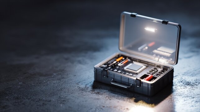 A high-tech briefcase containing computer components, showcasing innovation and advanced technology. The open case reveals intricate circuits and processors.