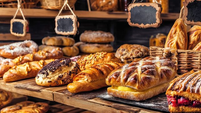 Assorted fresh baked bread and pastries on wooden shelves in bakery shop