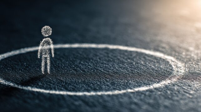 A solitary figure standing inside a drawn circle, representing isolation or protection. The simple drawing contrasts with the textured surface, highlighting themes of boundaries, introspection.