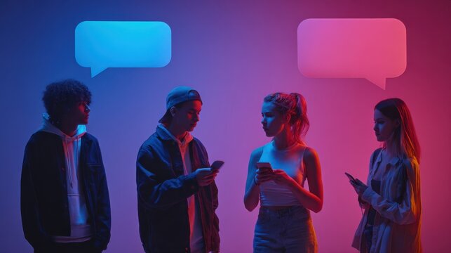 People engaging in a chat, illuminated by vibrant, colorful lighting, with speech bubbles suggesting conversation